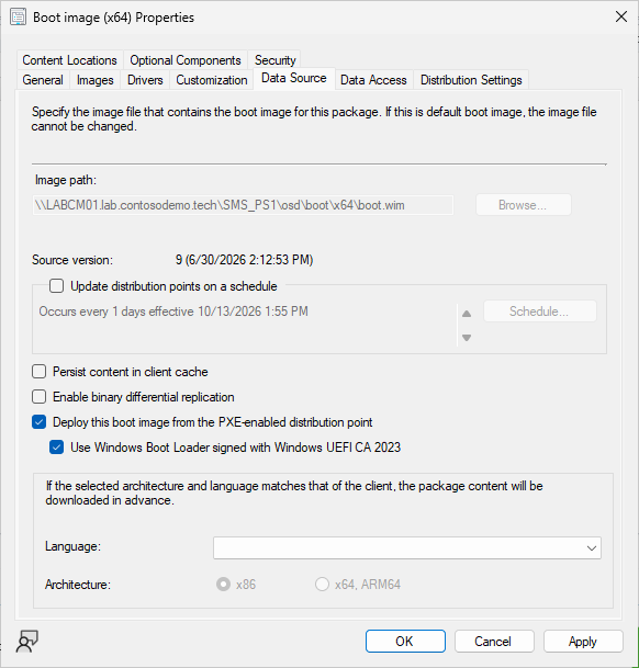 Boot image properties, Data Source tab, with Use Windows Boot Loader signed with Windows UEFI CA 2023 checked below the PXE option