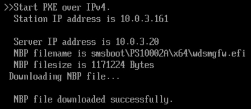 UEFI PXE screen: NBP filename smsboot\\PS10002A\\x64\\wdsmgfw.efi, NBP filesize 1171224 bytes, downloaded successfully