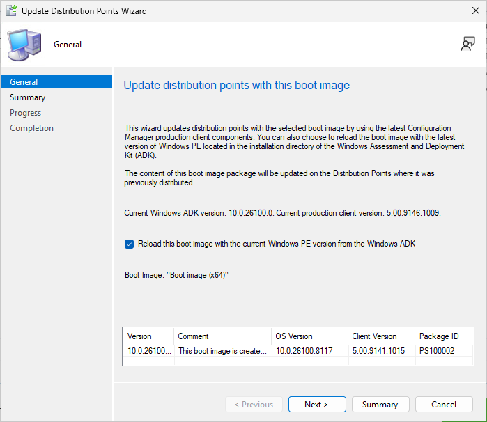 Update Distribution Points wizard with Reload this boot image with the current Windows PE version from the Windows ADK checked