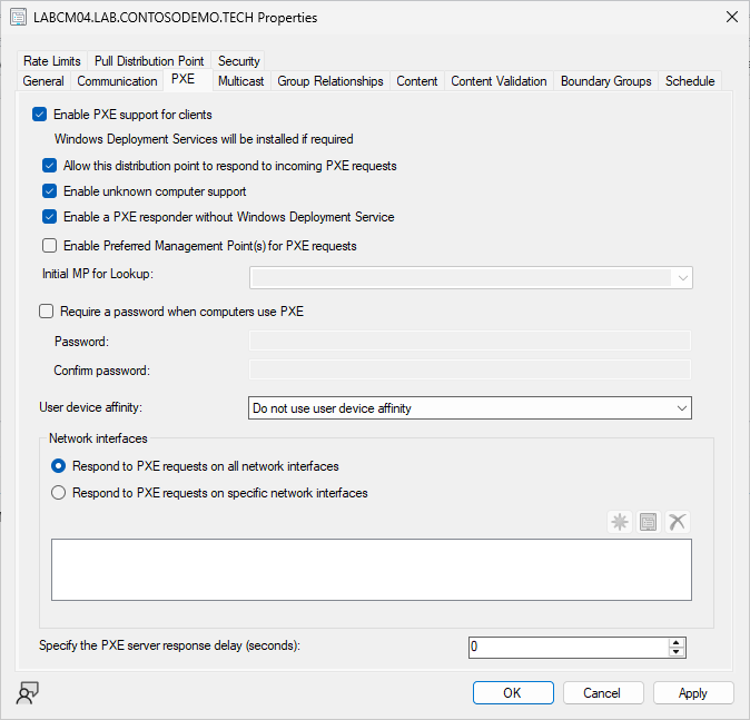 Distribution point properties, PXE tab, with Enable a PXE responder without Windows Deployment Service checked