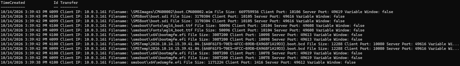 WDS Diagnostics events 4099 and 4100 for one client: wdsmgfw.efi 1171224 bytes, the BCD, bootmgfw.efi 3087200 twice, fonts, boot.sdi, and the WIM (September 2026 image)