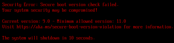 Secure boot version check failed: Current version 9.0, Minimum allowed version 11.0, Windows Server 2025’s boot_EX copy on a Step 4 device at the September 2026 floor