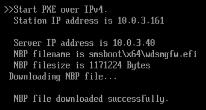 UEFI PXE screen from the WDS distribution point: NBP smsboot\\x64\\wdsmgfw.efi, 1171224 bytes, downloaded successfully