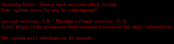 Secure boot version check failed: Current version 3.0, Minimum allowed version 11.0, the December 2024 ADK&rsquo;s bootmgr.efi at the ISO root, booted as a DVD