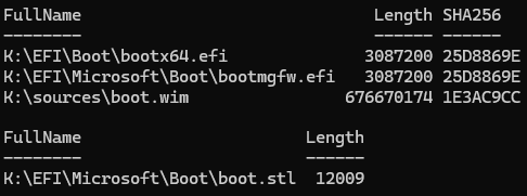 Task sequence media ISO from the swapped image: bootx64.efi and bootmgfw.efi both 3,087,200 bytes with the same hash, boot.wim, and boot.stl (September 2026)