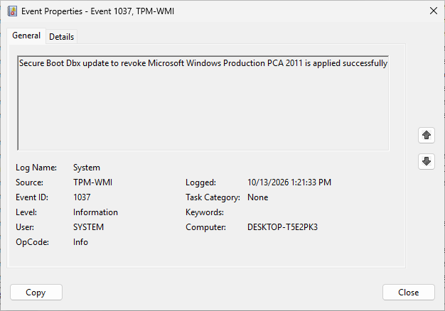 Event 1037 from TPM-WMI: Secure Boot Dbx update to revoke Microsoft Windows Production PCA 2011 is applied successfully