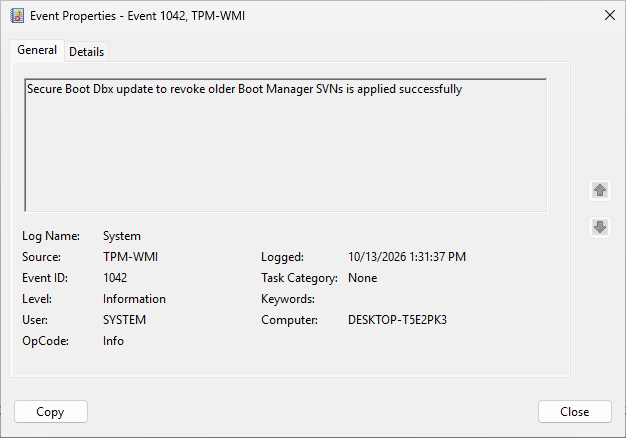 Event 1042 from TPM-WMI: Secure Boot Dbx update to revoke older Boot Manager SVNs is applied successfully