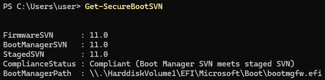 Get-SecureBootSVN after Step 4 on September 2026 builds: FirmwareSVN, BootManagerSVN, and StagedSVN 11.0, Compliant