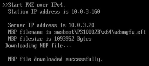 UEFI PXE screen: NBP smsboot\\PS10002B\\x64\\wdsmgfw.efi, 1093952 bytes, downloaded successfully, then nothing: the 2011 loader refused silently