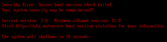 Secure boot version check failed: Current version 2.0, Minimum allowed version 11.0, the ADK boot manager on a Step 4 device at the September 2026 floor